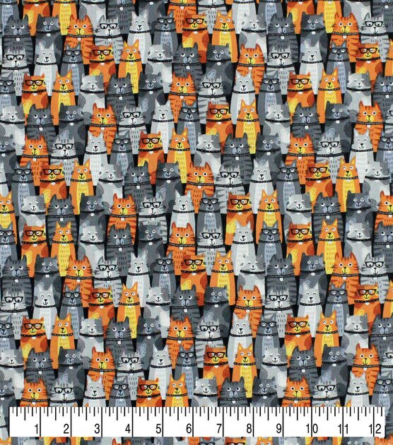 Linear Cats Gray and Orange Novelty Cotton Fabric, , hi-res, image 3