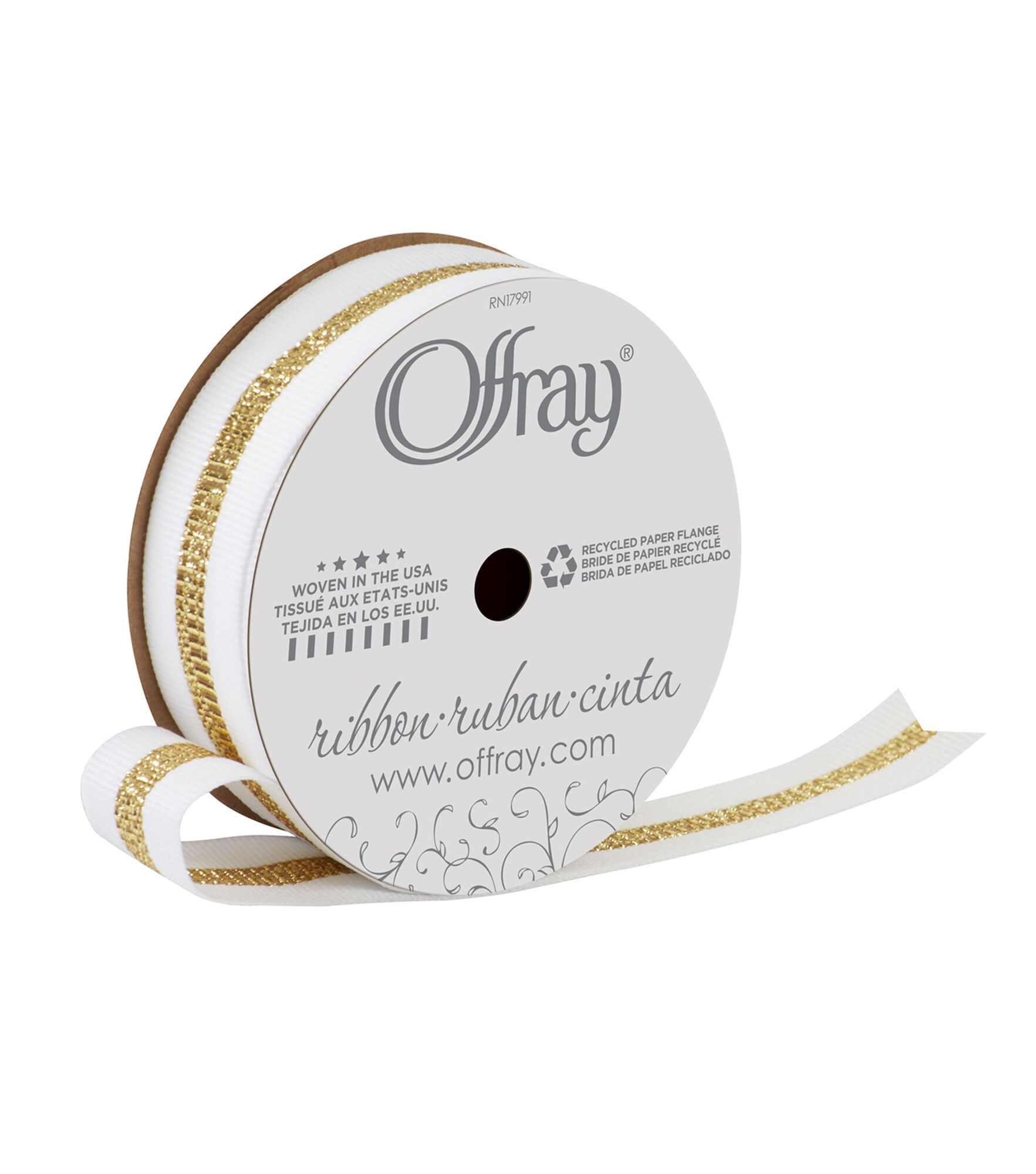 Offray 7/8" x 9' Sparkle Stripes Grosgrain Ribbon, White And Gold, hi-res