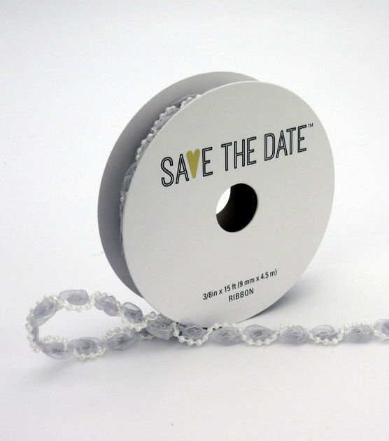 Save the Date Ribbon 3/8''x15' Light Gray Wrapped with Pearls