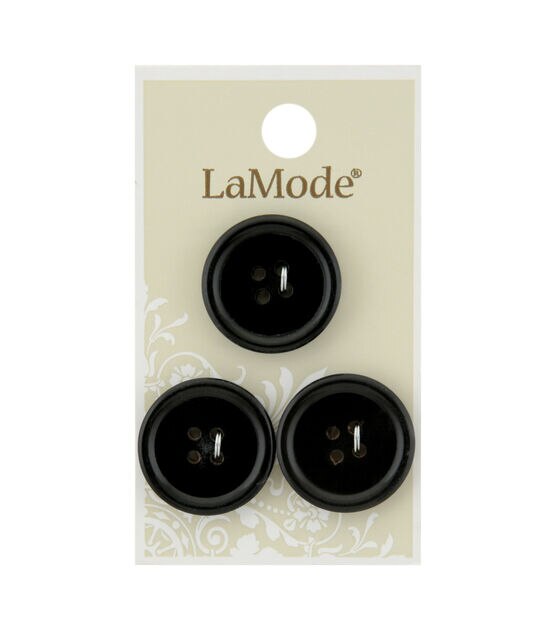 La Mode 7/8"Black Round Horn 4 Hole Buttons 3pk