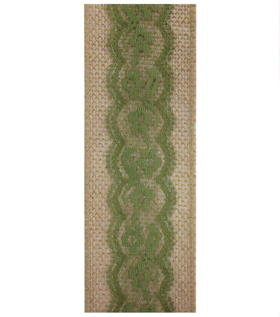 Decorative Ribbon 2.5''x12' Lace on Burlap Green, , hi-res, image 2