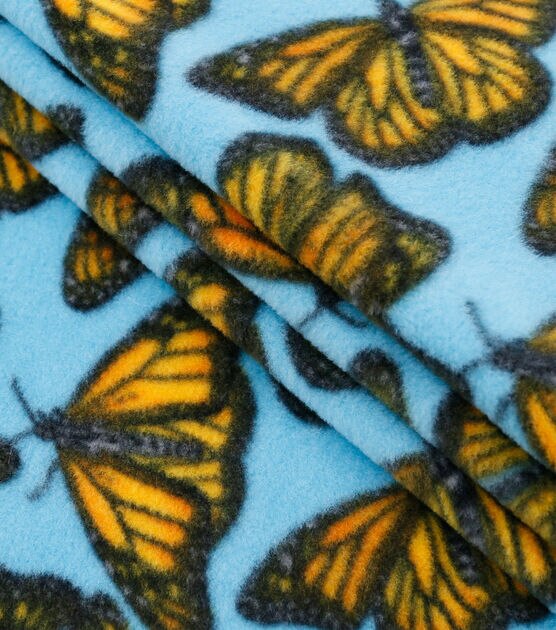 Monarch Butterflies on Blue Anti Pill Fleece Fabric, , hi-res, image 2