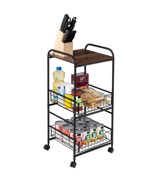 Honey Can Do 34" Black 3 Tier Slim Rolling Cart With Metal Baskets