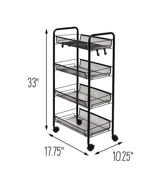 Honey Can Do 17.5" x 33" Black 4 Tier Metal Storage Cart With 5 Hooks, , hi-res, image 11