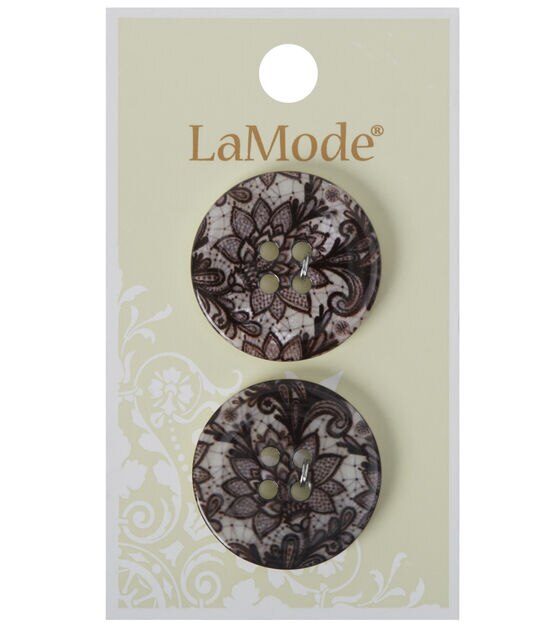La Mode 1" Black Lace on White 4 Hole Buttons 2pk
