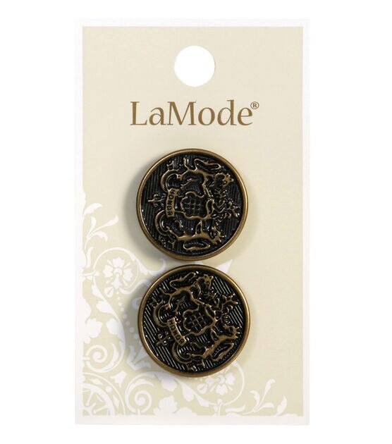 La Mode 7/8 Antique Gold Crest Shank Buttons 2pk