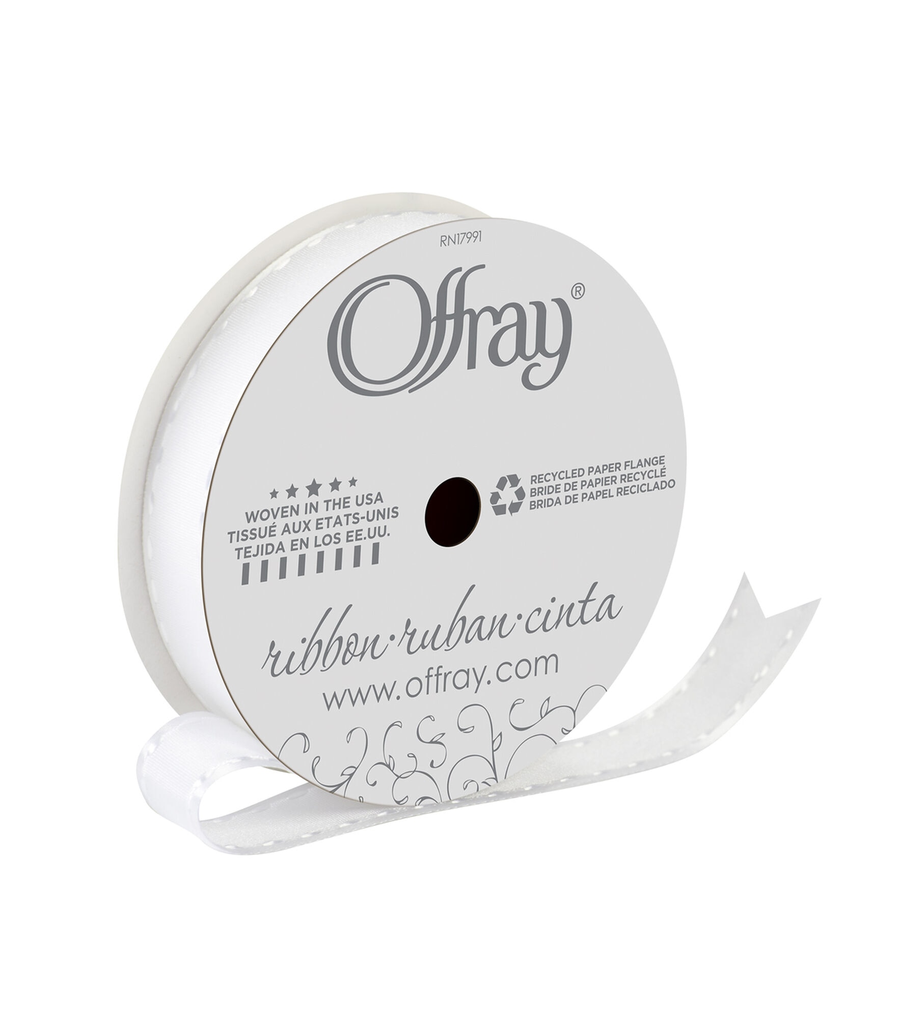 Offray 5/8" x 9' Solid Saddle Satin Ribbon, White, hi-res