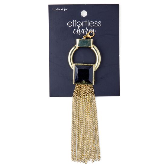 Gold Metal Ring Tassel With Black Square Stone by hildie & jo