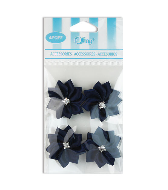 Offray 4pk Blue Rhinestone Center Flower Ribbon Accessory