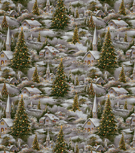 David Textiles Winter Village Scene on Gray Christmas Cotton Fabric, , hi-res, image 2
