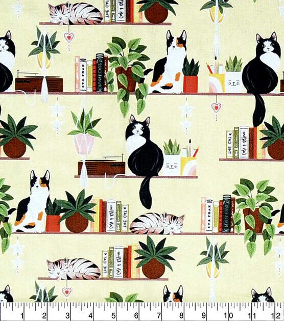 Cats On Shelves Tan Novelty Print Cotton Fabric, , hi-res, image 2