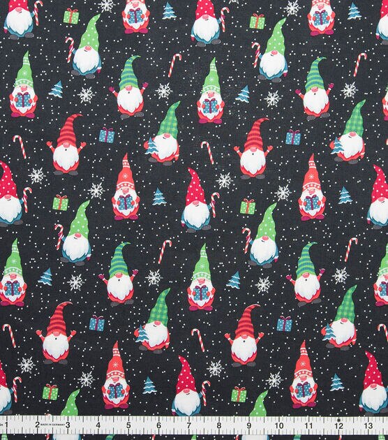 Happy Giving Gnomes on Black Christmas Cotton Fabric