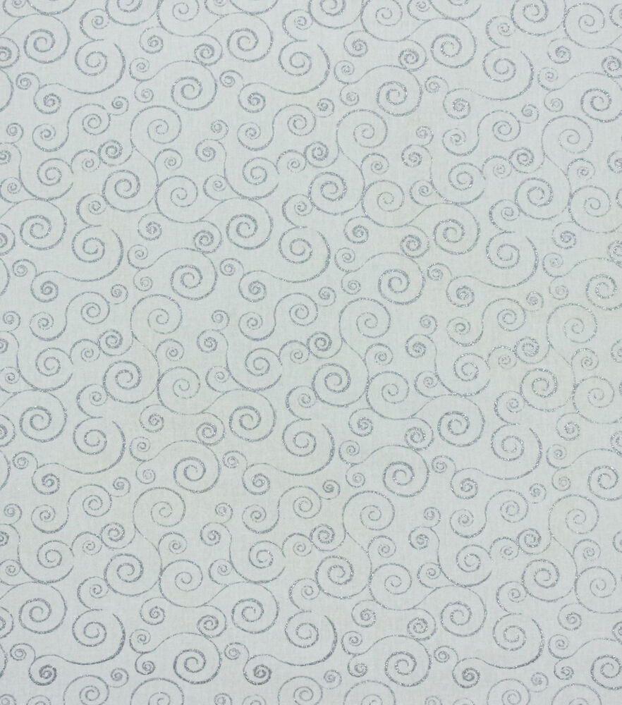 Swirl Vines Christmas Glitter Cotton Fabric, White Silver, swatch