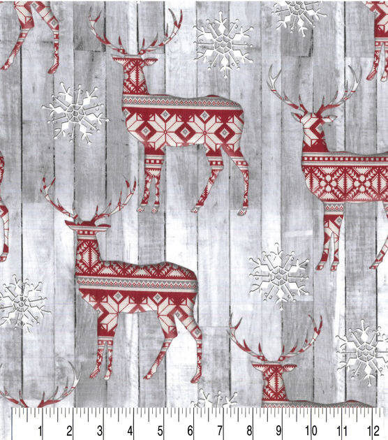 Fair Isle Deer & Snowflake on Gray Wood Christmas Cotton Fabric