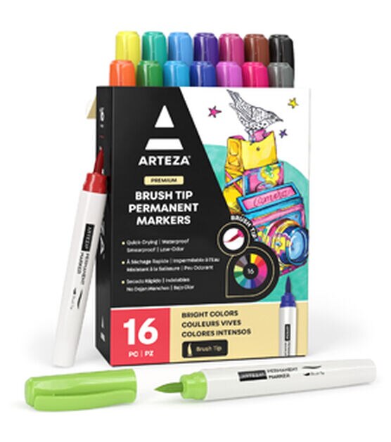  ARTEZA Colored Permanent Markers, Set of 16, Brush Tip Pens,  Bright Colors, Smear-Proof, Waterproof, for Stone, Plastic, Glass, Wood,  and Metal