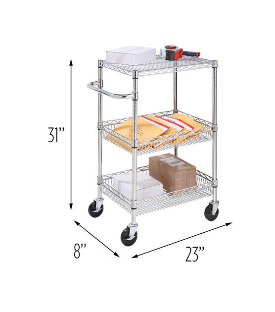Honey Can Do 18" x 40" Steel Silver Chrome 3 Shelf Rolling Utility Cart, , hi-res, image 9