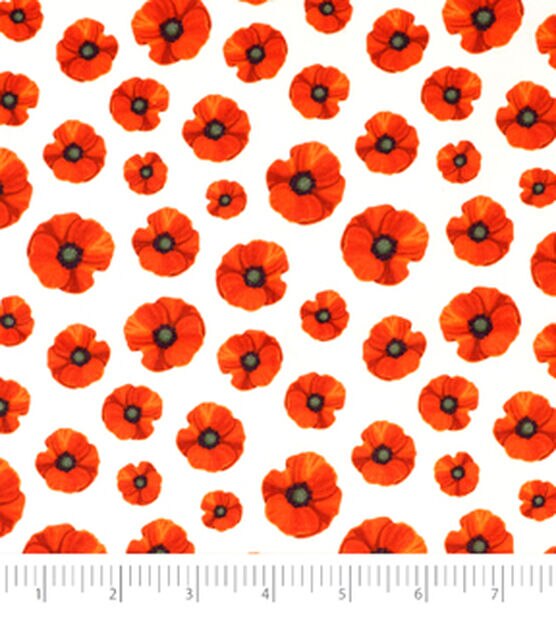 Singer Red Poppy Flowers on White Quilt Cotton Fabric