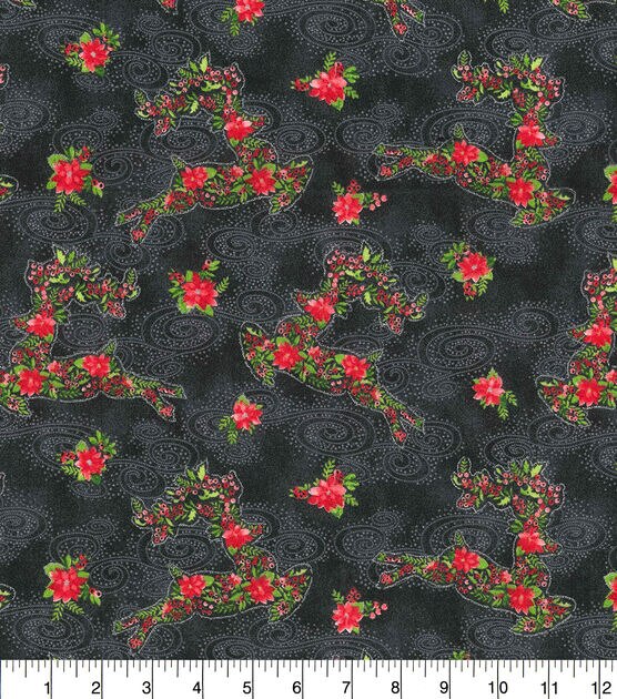 Fabric Traditions Poinsettia Deer Black Christmas Glitter Cotton Fabric