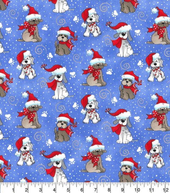Fabric Traditions Glitter Swirl & Pups on Blue Christmas Cotton Fabric