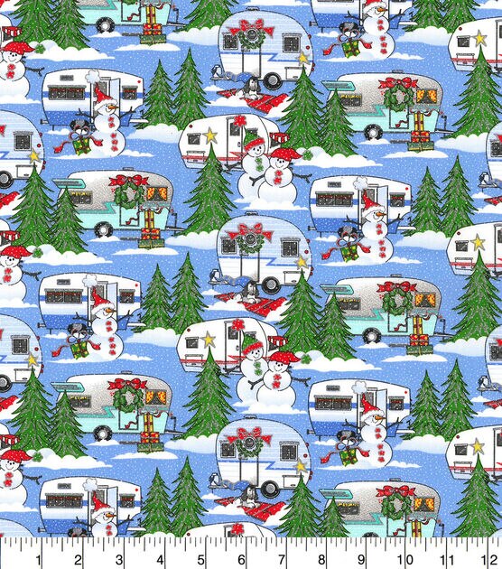 Fabric Traditions Glitter Snowmen Camp on Blue Christmas Cotton Fabric