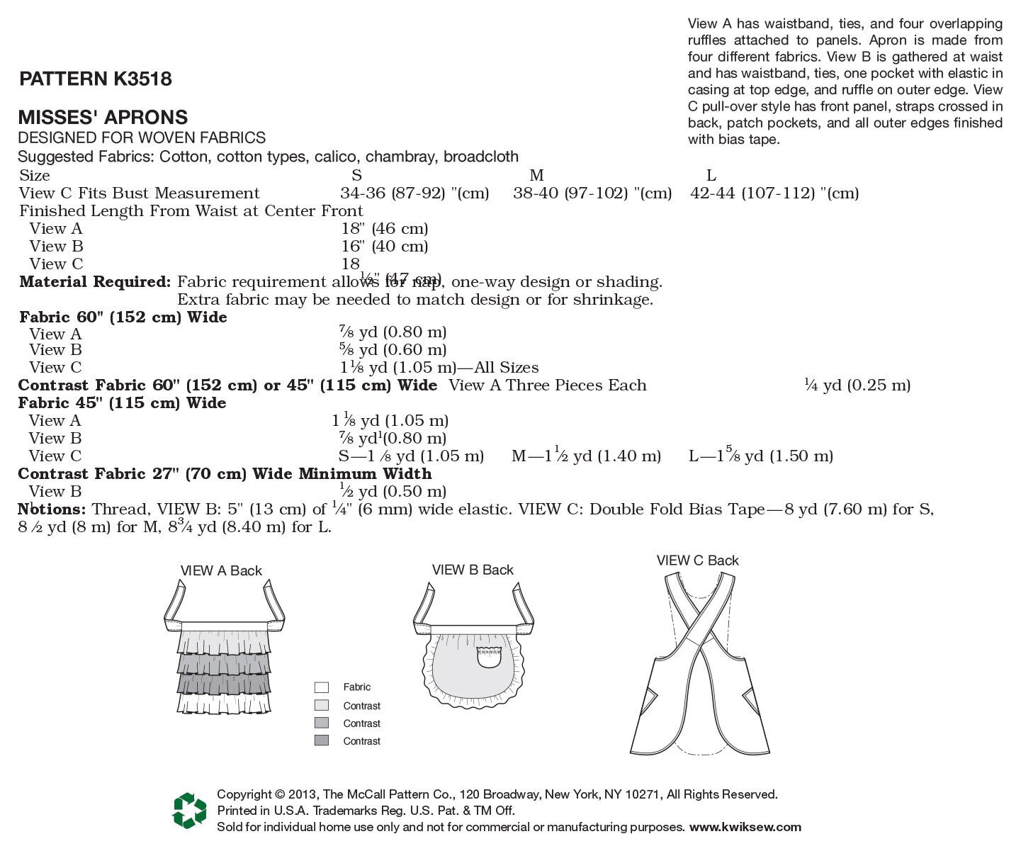 Kwik Sew K3518 Pattern Misses Aprons Sizes View A & B OSZ View C S,M,L BN 