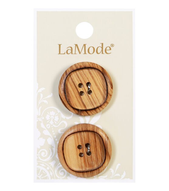 La Mode 1" Tan Wood 4 Hole Buttons 2pk