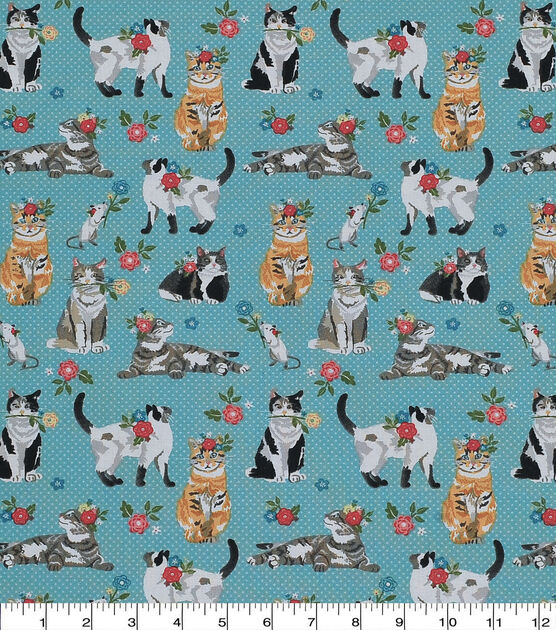 Novelty Cotton Fabric Cat and Mouse on Blue