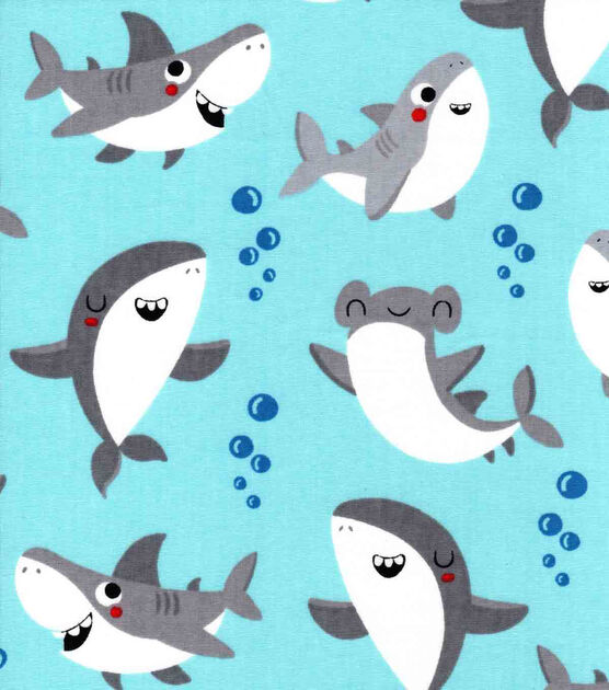 Happy Sharks On Blue Novelty Cotton Fabric