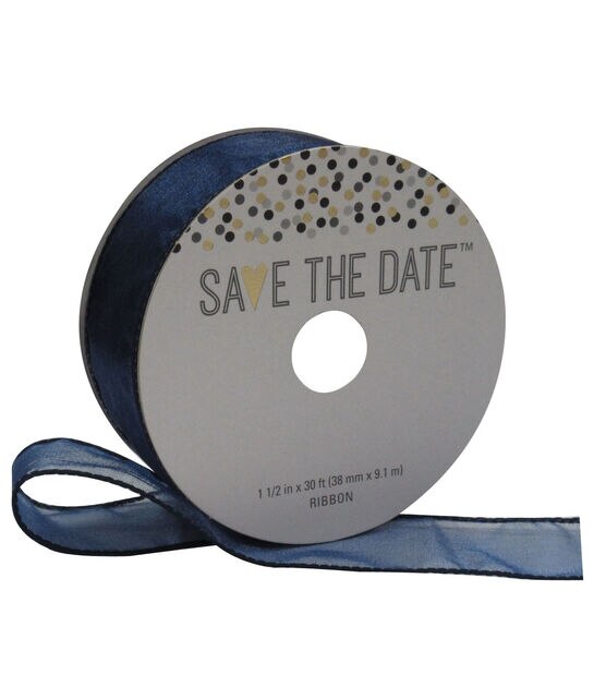 Save the Date 1.5'' X 30' Ribbon Navy Sheer