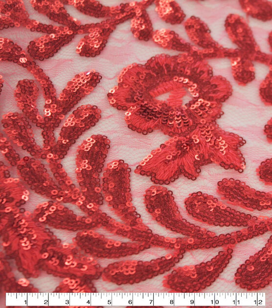 Casa Dahlia Fancy Sequin Floral Embroidered Fabric Hibiscus Red | JOANN