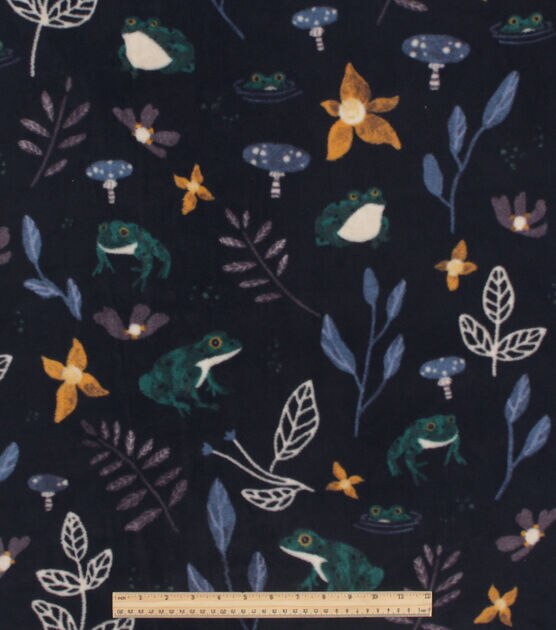 Frogs & Leaves on Black Anti Pill Fleece Fabric, , hi-res, image 2