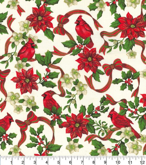 Fabric Traditions Glitter Cardinal & Poinsettia Christmas Cotton Fabric