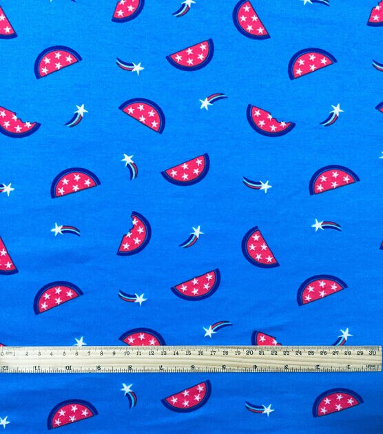 Blue Glitter Watermelon and Stars Cotton Interlock knit Fabric By POP!, , hi-res, image 2