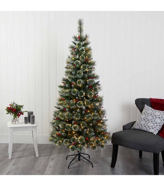 Nearly Natural 6' Clear Pre Lit Frosted Swiss Pine Berry Christmas Tree, , hi-res, image 6