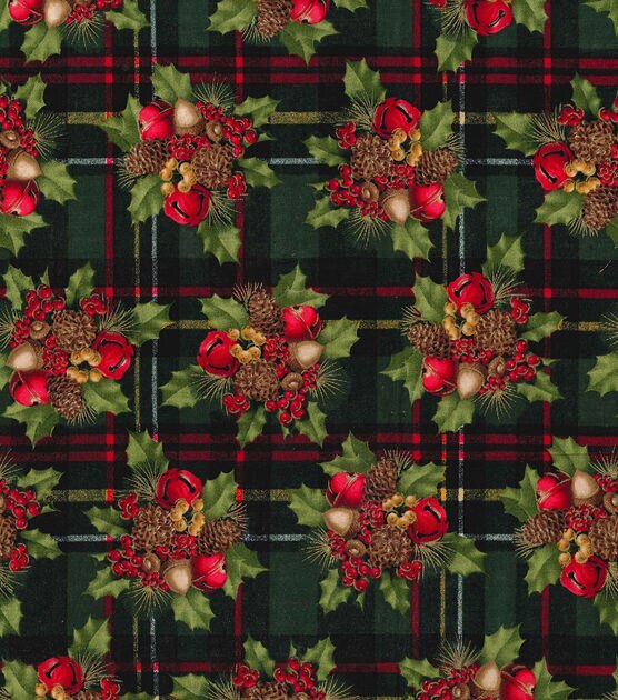 Fabric Traditions Berries & Bells Plaid Christmas Glitter Cotton Fabric
