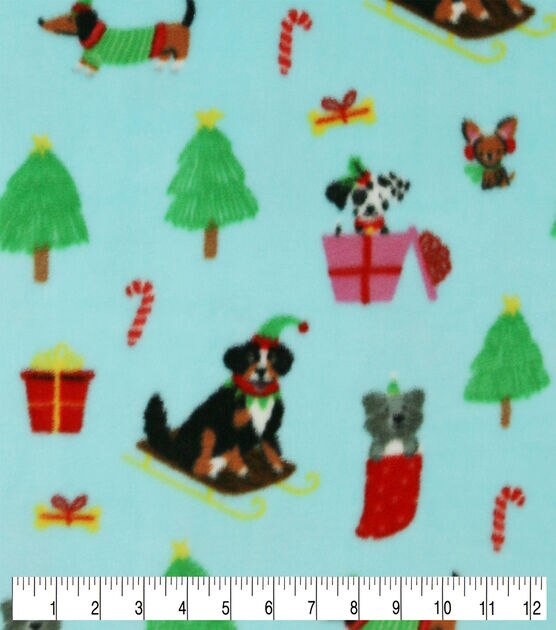 Christmas Dogs & Trees on Blue Anti Pill Fleece Fabric, , hi-res, image 3