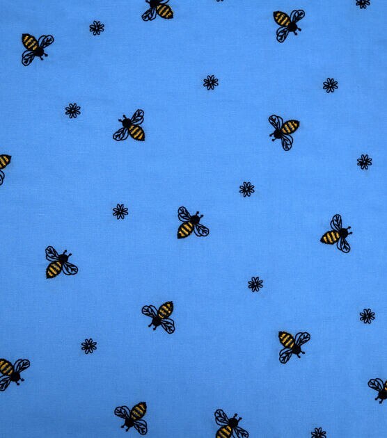 Embroidered Bees & Floral on Blue Quilt Cotton Fabric by Keepsake Calico