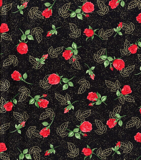 Hi Fashion Single Rose Tossed Premium Print Metallic Cotton Fabric