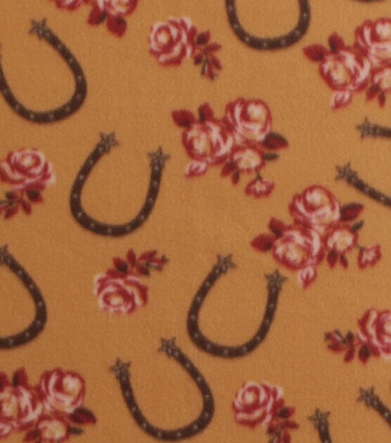 Horseshoes & Roses on Brown Blizzard Fleece Fabric