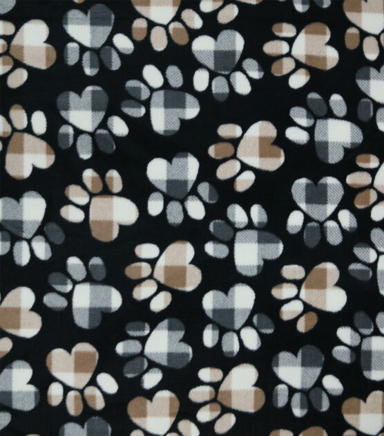 Patterned Paws on Black Anti Pill Fleece Fabric