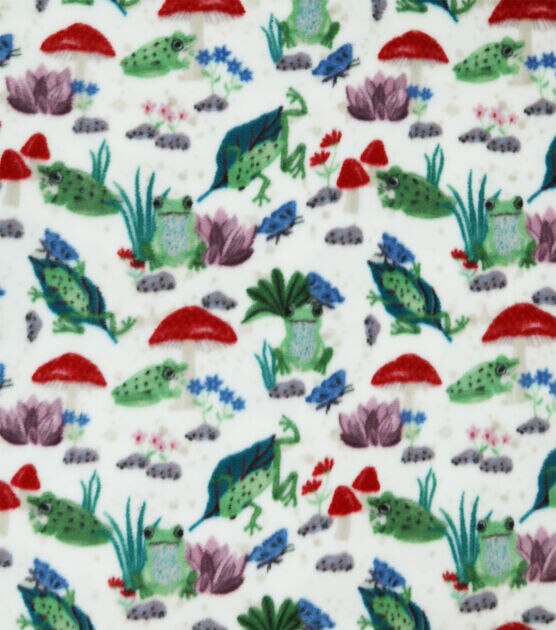 Frogs & Mushrooms on White Anti Pill Fleece Fabric, , hi-res, image 1