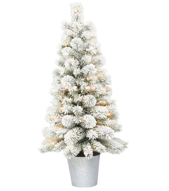 4' Pre Lit Flocked Christmas Tree With Metal Pot by Place & Time