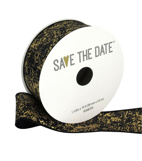 Save the Date 1.5" x 15' Gold Marble on Black Ribbon