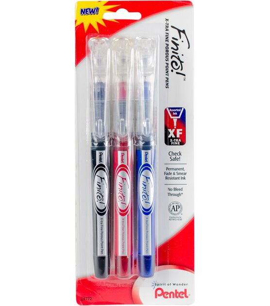Pentel Finito 3 pk 5.75'' X tra Fine Porous Point Pens Red, Black & Blue