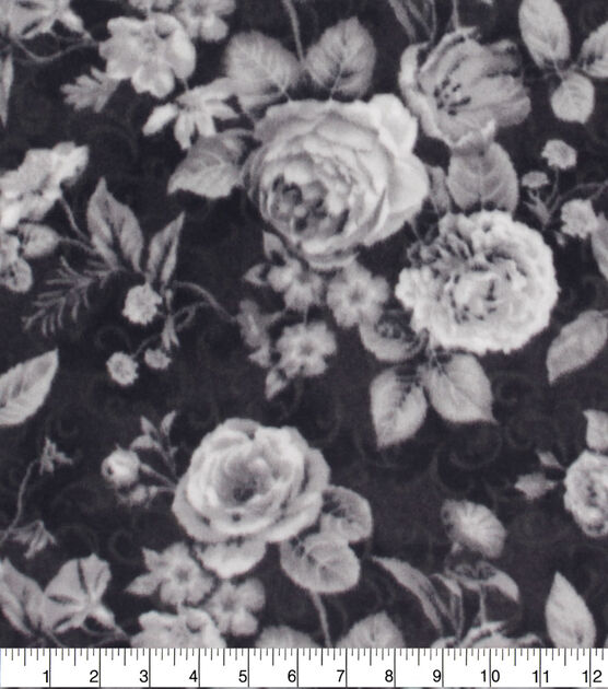 White Vintage Floral on Black Anti Pill Fleece Fabric