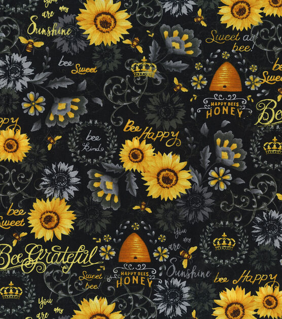 Hi Fashion Queen Bee And Sunflowers Black Premium Print Cotton Fabric