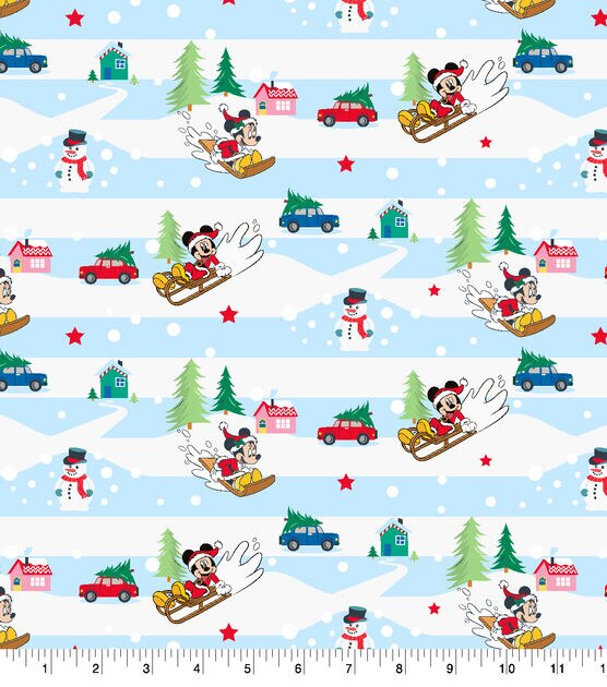 Disney Mickey Minnie Sledding Fun Christmas Cotton Fabric