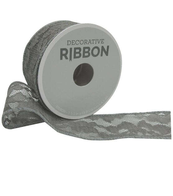 Decorative Ribbon 1.5''x15' Lace Ribbon Gray
