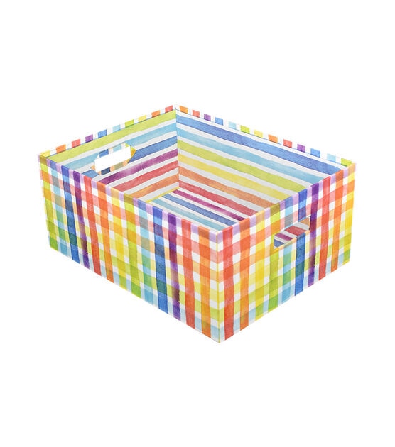15" Rainbow Plaid Rectangle Box With Cutout Handles by Place & Time, , hi-res, image 2