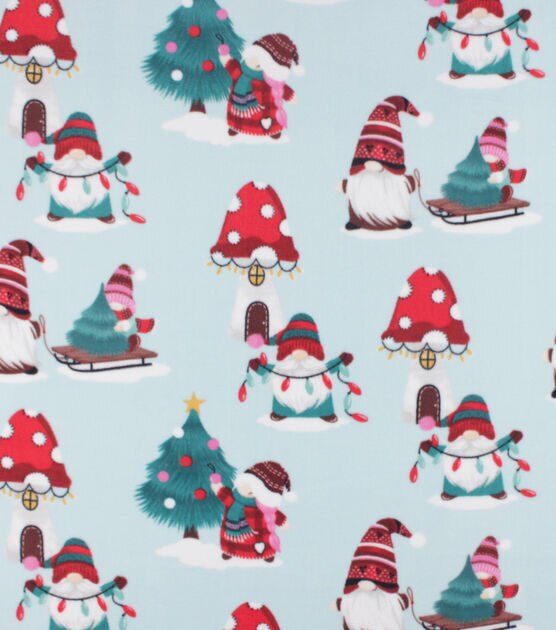 Christmas Gnomes on Blue Anti Pill Fleece Fabric